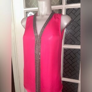 Parker Nahla Pink Tank Top 100% Silk Blouse Silver Beaded Twist Back Neon Medium